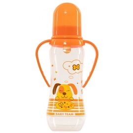 Бутылочка для кормления Baby Team с латексной соской 0+ и ручками 250 мл (1311_собачка_оранжевая)