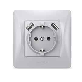 Розетка Videx BINERA 1ая с заземлением и 2USB серебр (VF-BNSK1GU2-SS)