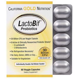 Пробиотики California Gold Nutrition Пробиотики LactoBif, Probiotics, 30 млрд КОЕ, 60 овощных ка (CGN-00965)