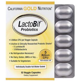 Пробиотики California Gold Nutrition Пробиотики LactoBif, Probiotics, 5 млрд КОЕ, 10 овощных кап (CGN-00964)