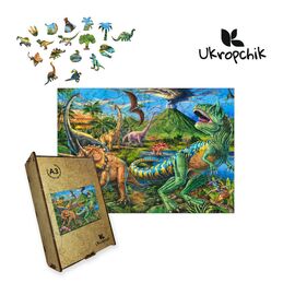 Пазл Ukropchik деревянный Эра Динозавров А3 в коробке с набором-рамкой (Dinosaur Era A3)