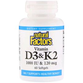 Витамин Natural Factors Витамин D3 и К2, Vitamin D3 & K2, 60 Гелевых Капсул (NFS-01292)