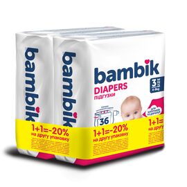 Подгузники Bambik Medium 4-9 кг Размер 3 Midi 2 х 36 шт (4823071664027)