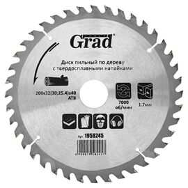Диск пильный Grad по дереву с твердосплавными напайками Ø200×32(30;25.4)×40Т, 7000об/мин (1958245)