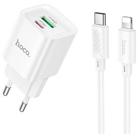 Зарядное устройство HOCO C147A Charm 1xUSB-C PD20W + 1xUSB QC3.0 + cable USB-C to Lightning White (6942007630283)