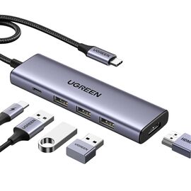 Концентратор Ugreen USB-C to HDMI + 3xUSB 3.0 + PD CM511 gray (15596)