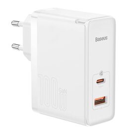 Зарядное устройство Baseus 1xUSB-C + 1xUSB GaN 100W + cable USB-C to USB-C white (CCGP090202)