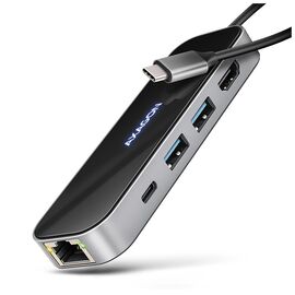 Концентратор AXAGON USB-C to 2xUSB-A + 1xUSB-C + HDMI + RJ45 + PD100W 0.2m grey (HMC-6GLN)