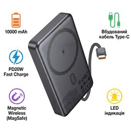 Батарея универсальная HOCO 10000 mAh Origen Dual PD/20W Magnetic with cable Type-C Metal Gray (Q44 / 714983)