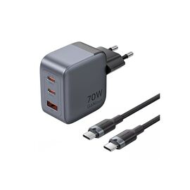 Зарядное устройство Vention 2xUSB-C PD70W + 1xUSB QC3.0 22.5W GaN + cable USB-C to USB-C 1.0m black gray (TZ-FEXH0-EU)