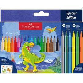 Фломастеры Faber-Castell Динозавр 18 цветов + 3 металлика + 3 неоновых + наклейки в картонной коробке (32963)