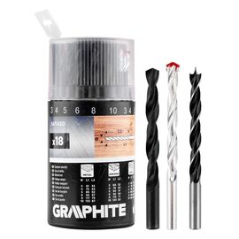 Набір свердл Graphite по металу, дереву, цеглі, 3–6,8,10мм, 18шт (54T430)