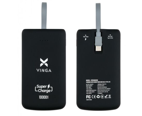 Батарея универсальная Vinga 10000 mAh SuperQC soft touch w/cable 22.5W black (VPB1SQSCBK), изображение 7 Батарея универсальная Vinga 10000 mAh SuperQC soft touch w/cable 22.5W black (VPB1SQSCBK), изображение 7