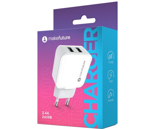 Зарядний пристрій MakeFuture 2 USB (2.4 A) White (MCW-21WH), зображення 4 Зарядний пристрій MakeFuture 2 USB (2.4 A) White (MCW-21WH), зображення 4