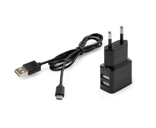 Зарядное устройство Vinga 2 Port USB Wall Charger 2.1A + microUSB cable (VCPWCH2USB2ACMBK), изображение 2 Зарядное устройство Vinga 2 Port USB Wall Charger 2.1A + microUSB cable (VCPWCH2USB2ACMBK), изображение 2