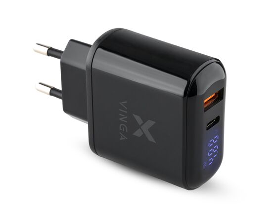 Зарядний пристрій Vinga 2 Port QC3.0+PD Display Wall Charger (VWCQPACDBK)