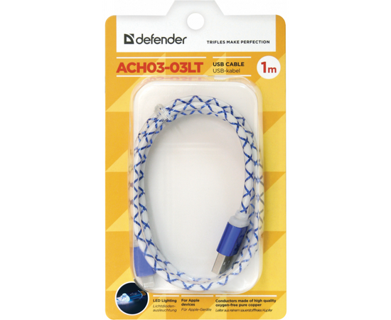 Дата кабель USB 2.0 AM to Lightning 1.0m ACH03-03LT BlueLED backlight Defender (87551), изображение 3 Дата кабель USB 2.0 AM to Lightning 1.0m ACH03-03LT BlueLED backlight Defender (87551), изображение 3