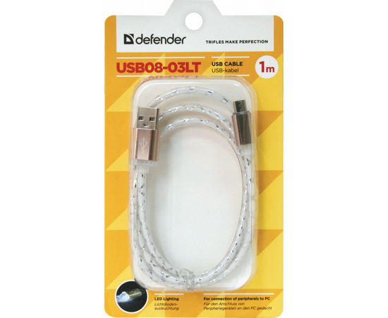 Дата кабель USB08-03LT USB - Micro USB, GrayLED backlight, 1m Defender (87554), изображение 3 Дата кабель USB08-03LT USB - Micro USB, GrayLED backlight, 1m Defender (87554), изображение 3