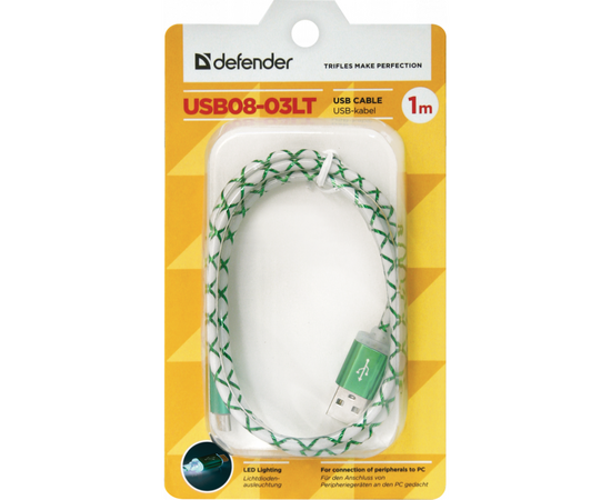 Дата кабель USB08-03LT USB - Micro USB, GreenLED backlight, 1m Defender (87557), изображение 3 Дата кабель USB08-03LT USB - Micro USB, GreenLED backlight, 1m Defender (87557), изображение 3