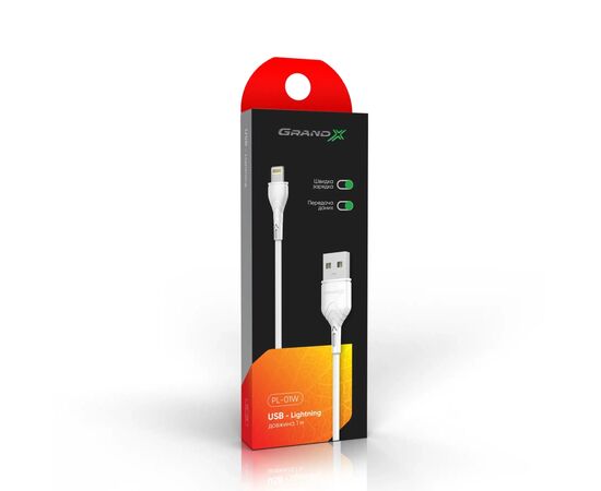 Дата кабель USB 2.0 AM to Lightning 1.0m Cu, 2.1А White Grand-X (PL01W), изображение 2 Дата кабель USB 2.0 AM to Lightning 1.0m Cu, 2.1А White Grand-X (PL01W), изображение 2