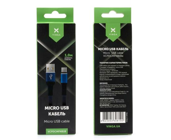 Дата кабель USB 2.0 AM to Micro 5P 1m flat nylon blue Vinga (VCPDCMFNB1B), изображение 4 Дата кабель USB 2.0 AM to Micro 5P 1m flat nylon blue Vinga (VCPDCMFNB1B), изображение 4