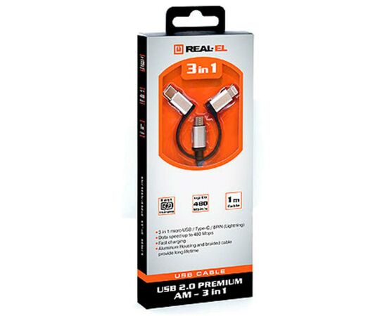 Дата кабель USB 2.0 AM to 3in1 1.0m Premium black REAL-EL (EL123500035), изображение 3 Дата кабель USB 2.0 AM to 3in1 1.0m Premium black REAL-EL (EL123500035), изображение 3