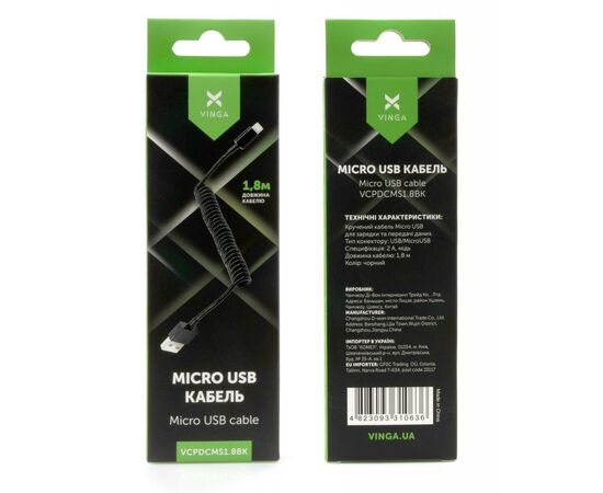 Дата кабель USB 2.0 AM to Micro 5P 1.8m Spring black Vinga (VCPDCMS1.8BK), зображення 4