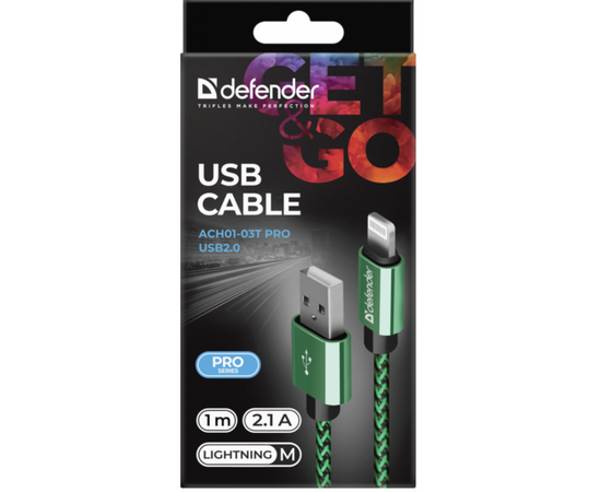 Дата кабель USB 2.0 AM to Lightning 1.0m ACH01-03T 2.1A green Defender (87810), изображение 3 Дата кабель USB 2.0 AM to Lightning 1.0m ACH01-03T 2.1A green Defender (87810), изображение 3