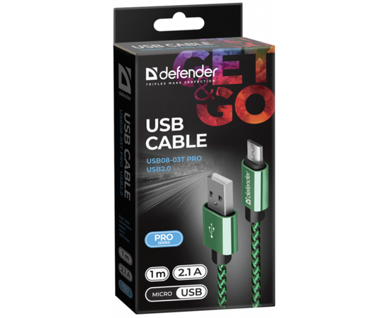 Дата кабель USB 2.0 AM to Micro 5P 1.0m USB08-03T green Defender (87804), изображение 3 Дата кабель USB 2.0 AM to Micro 5P 1.0m USB08-03T green Defender (87804), изображение 3