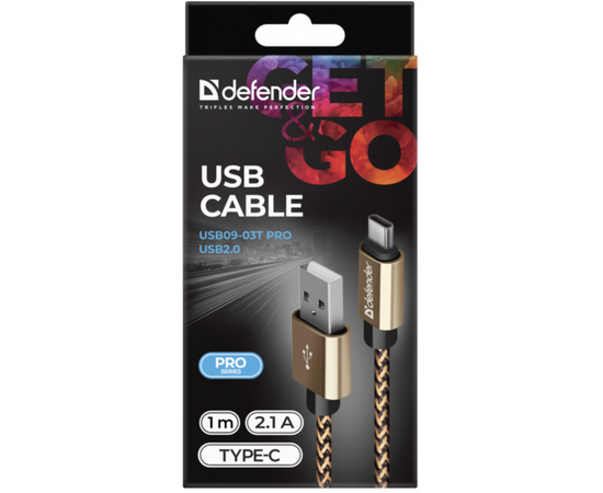 Дата кабель USB 2.0 AM to Type-C 1.0m USB09-03T PRO gold Defender (87812), изображение 3 Дата кабель USB 2.0 AM to Type-C 1.0m USB09-03T PRO gold Defender (87812), изображение 3