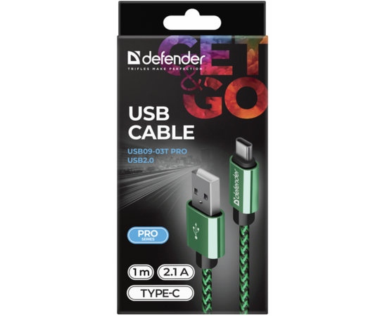 Дата кабель USB 2.0 AM to Type-C 1.0m USB09-03T PRO green Defender (87816), изображение 3 Дата кабель USB 2.0 AM to Type-C 1.0m USB09-03T PRO green Defender (87816), изображение 3