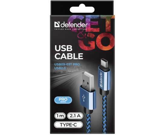 Дата кабель USB 2.0 AM to Type-C 1.0m USB09-03T PRO blue Defender (87817), изображение 3 Дата кабель USB 2.0 AM to Type-C 1.0m USB09-03T PRO blue Defender (87817), изображение 3