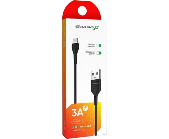 Дата кабель USB 2.0 AM to Micro 5P 1.0m Grand-X (PM-03B), зображення 3 Дата кабель USB 2.0 AM to Micro 5P 1.0m Grand-X (PM-03B), зображення 3
