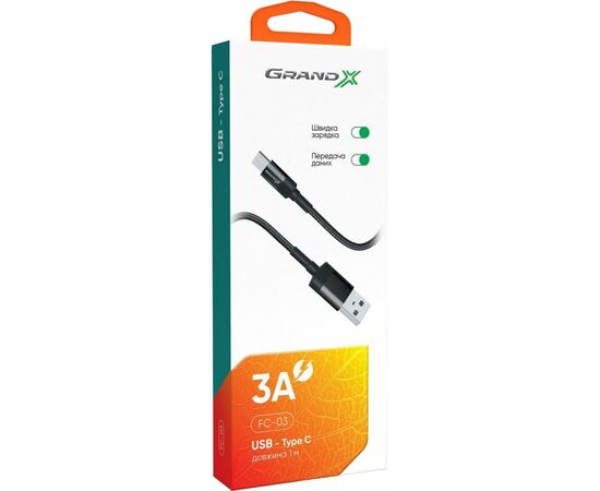 Дата кабель USB 2.0 AM to Type-C 1.0m Grand-X (FC-03), зображення 4 Дата кабель USB 2.0 AM to Type-C 1.0m Grand-X (FC-03), зображення 4