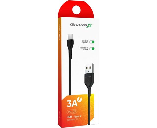 Дата кабель USB 2.0 AM to Type-C 1.0m Grand-X (PC-03B), зображення 3 Дата кабель USB 2.0 AM to Type-C 1.0m Grand-X (PC-03B), зображення 3