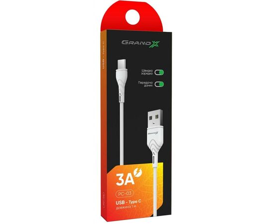 Дата кабель USB 2.0 AM to Type-C 1.0m White Grand-X (PC-03W), зображення 3 Дата кабель USB 2.0 AM to Type-C 1.0m White Grand-X (PC-03W), зображення 3
