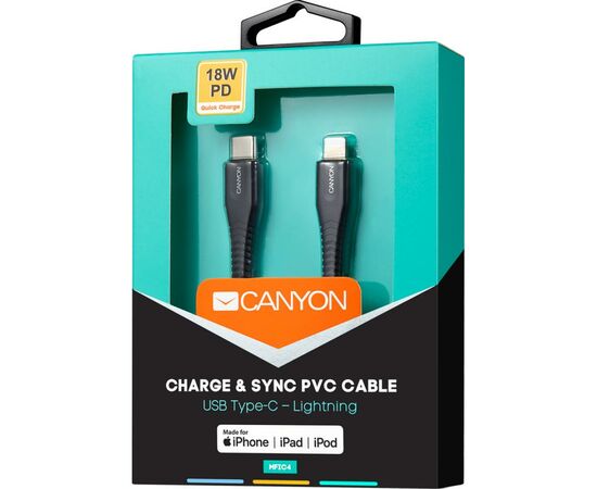 Дата кабель USB Type-C to Lightning 1.2m MFI Black Canyon (CNS-MFIC4B), изображение 3 Дата кабель USB Type-C to Lightning 1.2m MFI Black Canyon (CNS-MFIC4B), изображение 3