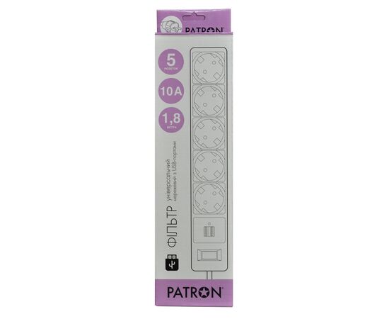 Сетевой фильтр питания Patron 1.8m (SP-52) + 2 USB 2.0, 2.1A , 5 роз. BLACK (EXT-PN-SP-52-USB), изображение 2 Сетевой фильтр питания Patron 1.8m (SP-52) + 2 USB 2.0, 2.1A , 5 роз. BLACK (EXT-PN-SP-52-USB), изображение 2