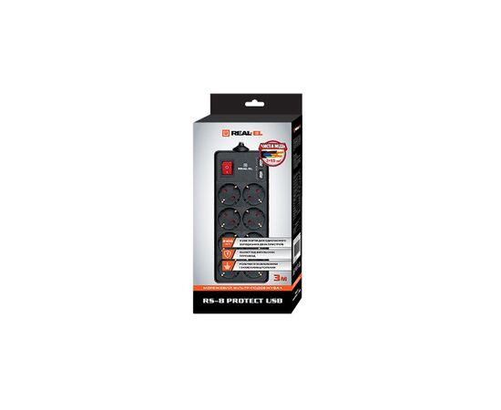 Сетевой фильтр питания REAL-EL REAL-EL RS-8 PROTECT USB, 3m, black (EL122300020), изображение 2 Сетевой фильтр питания REAL-EL REAL-EL RS-8 PROTECT USB, 3m, black (EL122300020), изображение 2