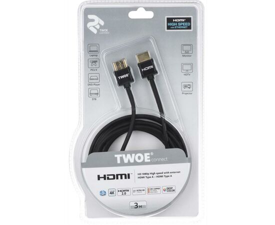 Кабель мультимедийный HDMI to HDMI 3.0m 2.0 Slim black 2E (2EW-1119-3m), изображение 3 Кабель мультимедийный HDMI to HDMI 3.0m 2.0 Slim black 2E (2EW-1119-3m), изображение 3