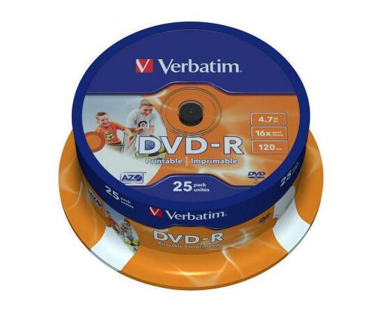 Диск DVD Verbatim 4.7Gb 16X CakeBox 25шт Printable (43538)