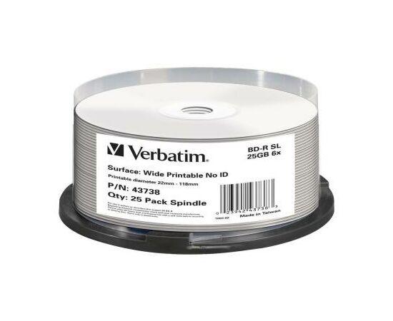 Диск BD Verbatim 25Gb 6x Cacke 25шт Wide Printable (43738)