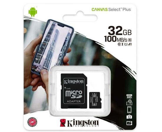 Карта памяти Kingston 32GB micSDHC class 10 Canvas Select Plus 100R A1 (SDCS2/32GB), изображение 3 Карта памяти Kingston 32GB micSDHC class 10 Canvas Select Plus 100R A1 (SDCS2/32GB), изображение 3