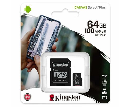 Карта памяти Kingston 64GB micSDXC class 10 A1 Canvas Select Plus (SDCS2/64GB), изображение 3 Карта памяти Kingston 64GB micSDXC class 10 A1 Canvas Select Plus (SDCS2/64GB), изображение 3