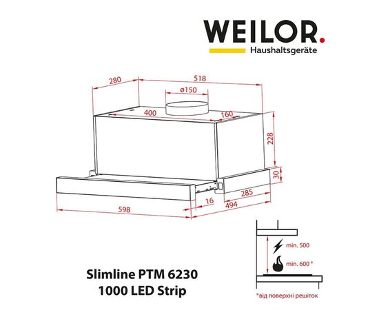 Вытяжка кухонная Weilor Slimline PTM 6230 SS 1000 LED strip, изображение 2 Вытяжка кухонная Weilor Slimline PTM 6230 SS 1000 LED strip, изображение 2