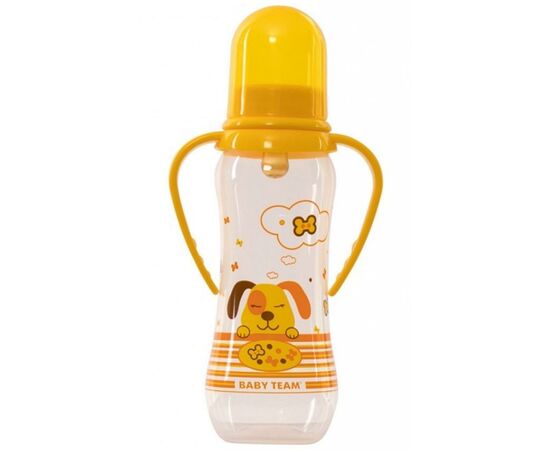 Пляшечка для годування Baby Team з латексною соскою і ручками 250 мл 0+ (1311_собачка_желтая)