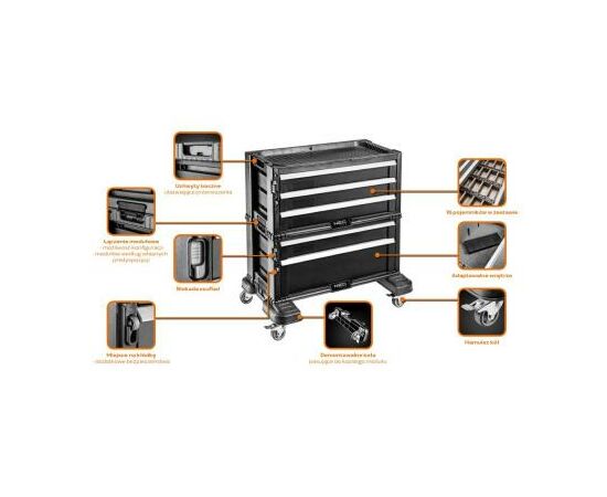 Тележка для инструмента Neo Tools 5 ящиков, боковые ручки, 24 контейнера, тормоз, блокиратор (84-226), изображение 2 Тележка для инструмента Neo Tools 5 ящиков, боковые ручки, 24 контейнера, тормоз, блокиратор (84-226), изображение 2