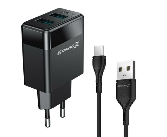 Зарядний пристрій Grand-X 2USB 5V 2,4A + Type-C cable (CH-50T)