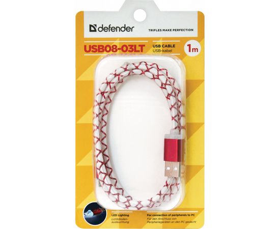 Дата кабель USB08-03LT USB - Micro USB, RedLED backlight, 1m Defender (87556), изображение 3 Дата кабель USB08-03LT USB - Micro USB, RedLED backlight, 1m Defender (87556), изображение 3