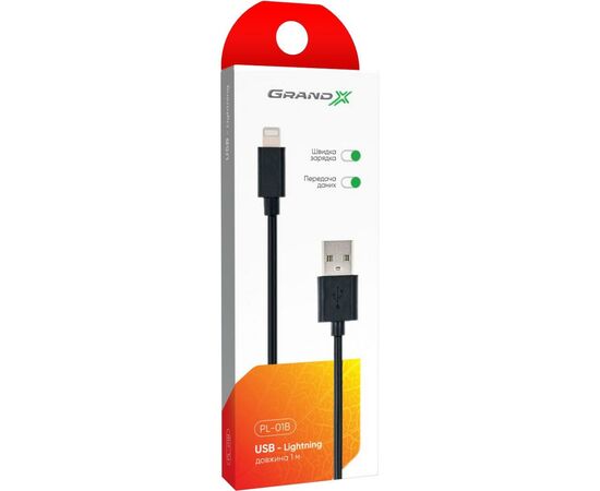 Дата кабель USB 2.0 AM to Lightning 1.0m Cu, 2.1А, Black Grand-X (PL01B), зображення 4 Дата кабель USB 2.0 AM to Lightning 1.0m Cu, 2.1А, Black Grand-X (PL01B), зображення 4